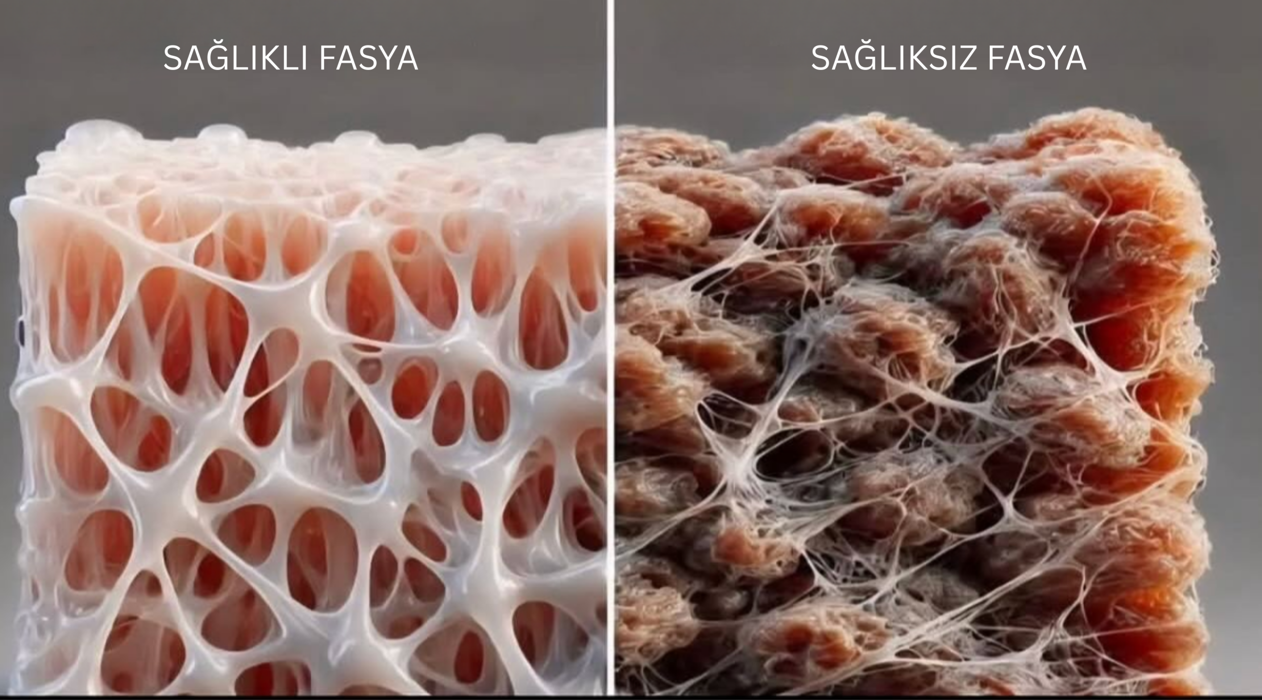 Sağlıklı fasya dokusu ile hareketsizlikten dolayı bozulmuş, birbirine yapışmış fasyal doku arasındaki farkı gösteren karşılaştırmalı görsel.