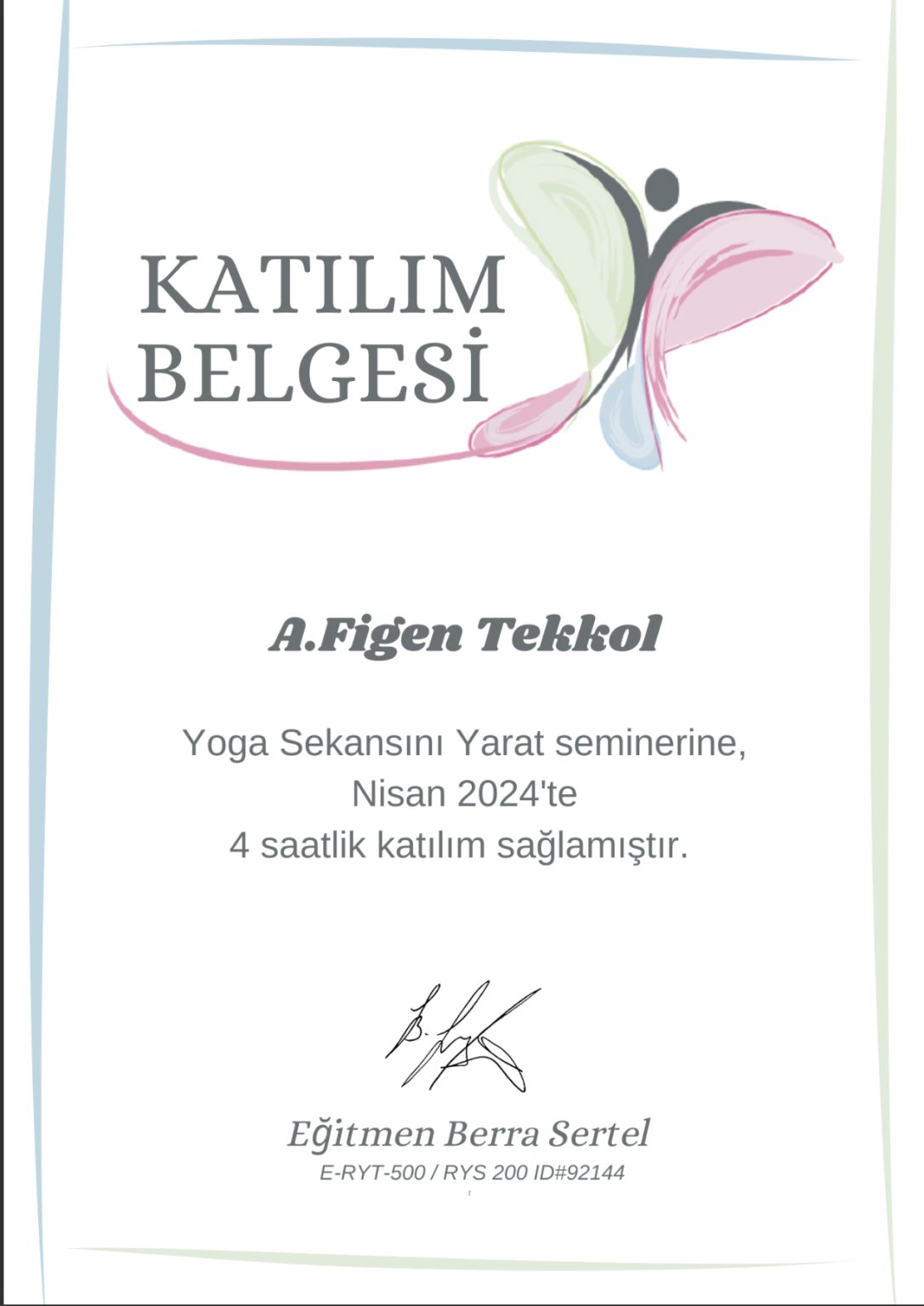 Figen Tekkol'un 4 saatlik yoga sekansı yaratma sertifikası.